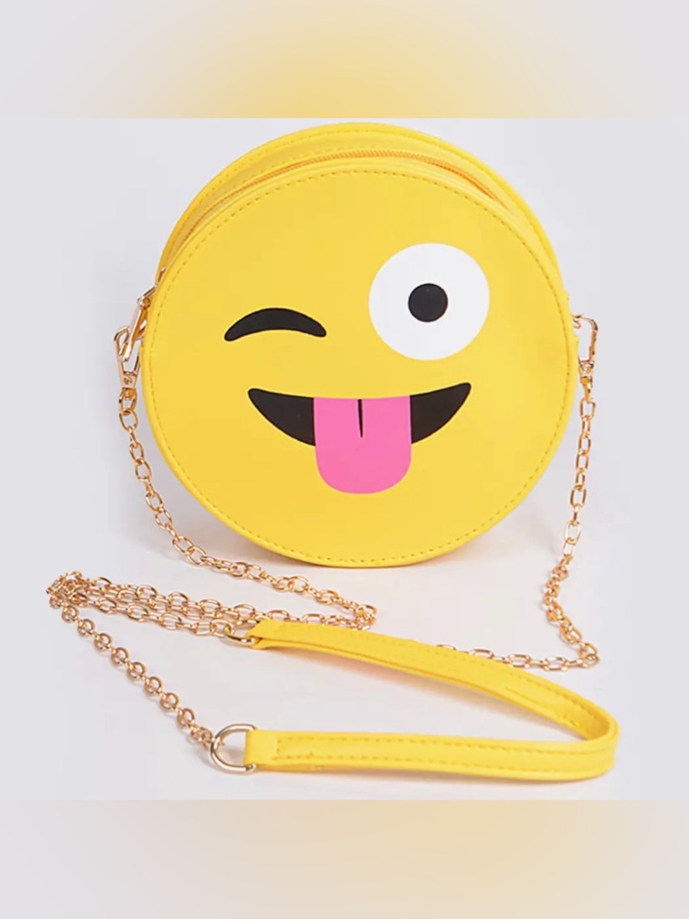 Yellow Emoji Round Crossbody Bag - Playful Winking Tongue Design